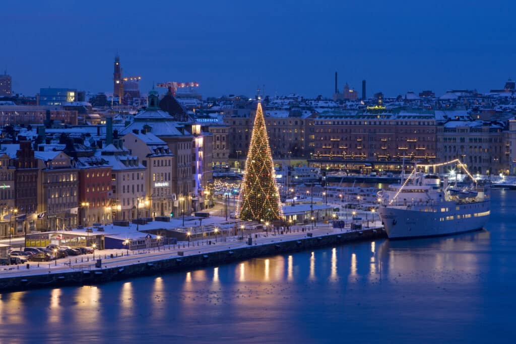 Stockholm in December, Swedish style Christmas decorations in the city